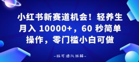 小红书新赛道机会，轻养生月入 1w，60 秒简单操作，带货接广都可以，零门槛小白可做