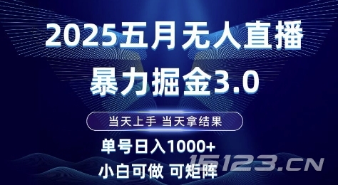 2025五月无人直播暴力掘金3.0,当天上手,当天拿结果,单号日入1k+小白可做可矩阵【揭秘】