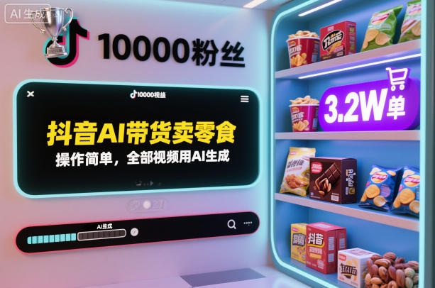 抖音AI带货卖零食，操作简单，全部视频用AI生成，一万粉丝，卖了3.2W单